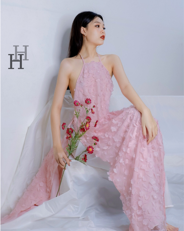 Bộ áo dài cách tân hoa nổi màu hồng HS113  Hỉn Hỉn Store