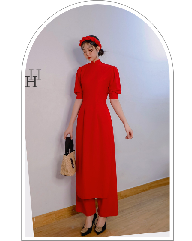Set bộ áo dài đỏ truyền thống tay phồng & mấn đính hạt HS116 Hỉn Hỉn Store