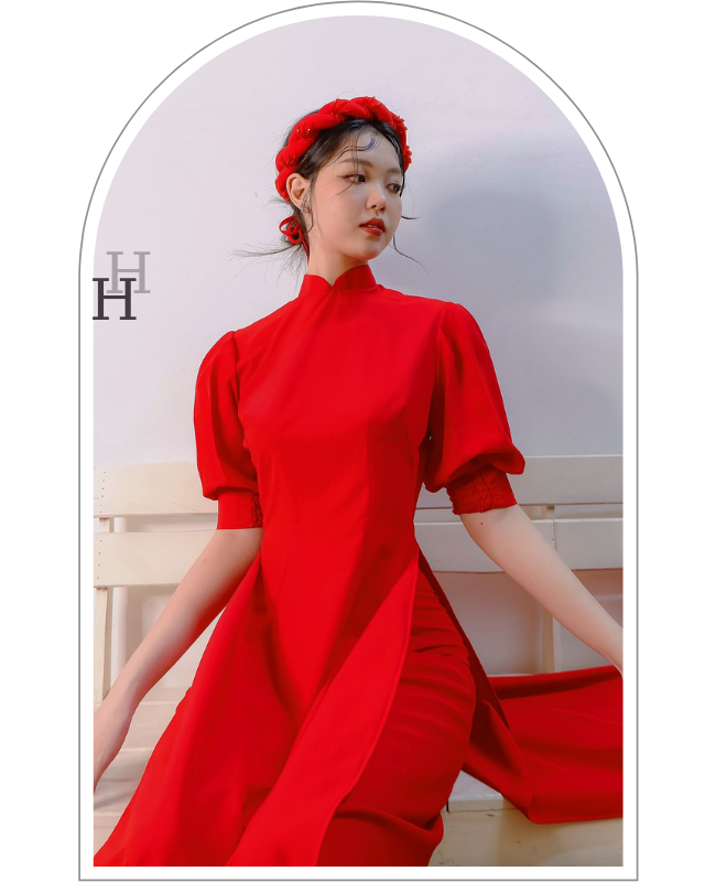 Set bộ áo dài đỏ truyền thống tay phồng & mấn đính hạt HS116 Hỉn Hỉn Store