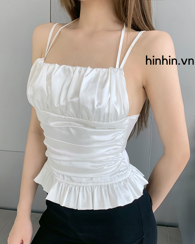 Áo croptop trắng đan dây lưng dún bèo HAC124 Hỉn Hỉn Store