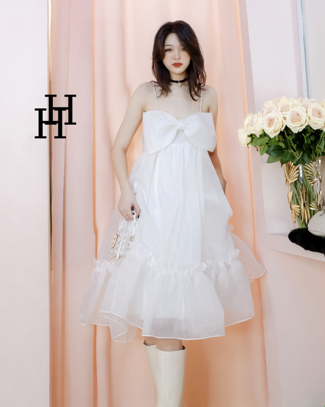 Váy babydoll trắng nơ ngực siêu đáng yêu HDT232 Hỉn Hỉn Store