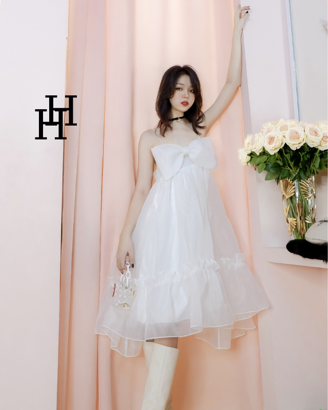 Váy babydoll trắng nơ ngực siêu đáng yêu HDT232 Hỉn Hỉn Store