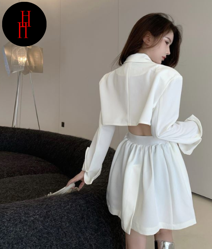 Đầm cổ vest hở lưng màu trắng & đen HDT197 Hỉn Hỉn Store