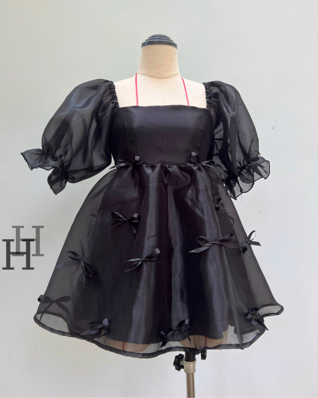 Đầm Baby Doll Màu Đen Tay Dài Thắt Nơ Chất Kate Mát Sale 30