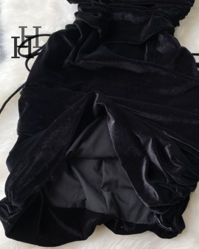 Đầm bẹt vai đen viền lông vũ nhún thun HDT279 Hỉn Hỉn Store