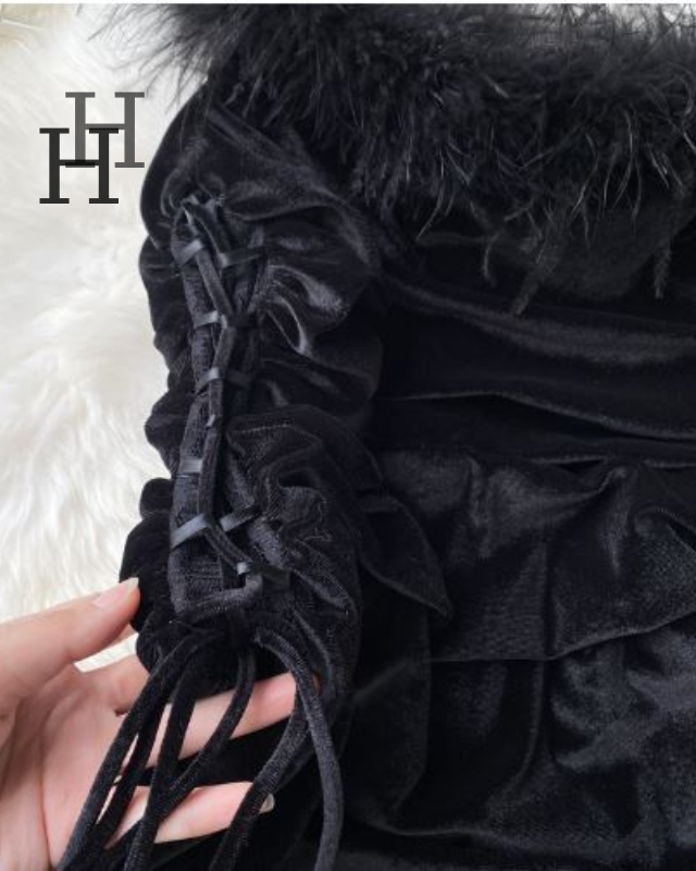 Đầm bẹt vai đen viền lông vũ nhún thun HDT279 Hỉn Hỉn Store