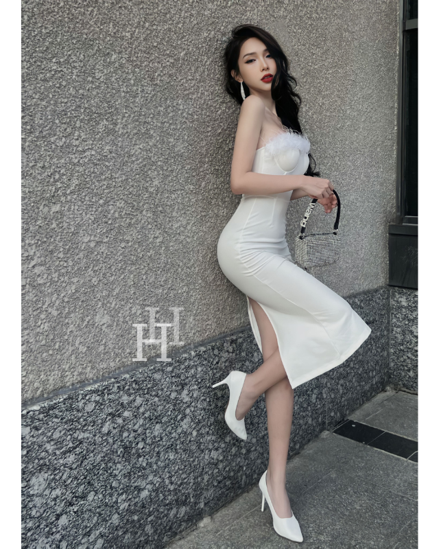 Đầm trắng xẻ tà tay ngắn cổ vuông dáng suông ôm lịch sự trang trọng Đầm  dự tiệc Đầm công sở  MiNhi giá sỉ giá bán buôn  Thị Trường Sỉ