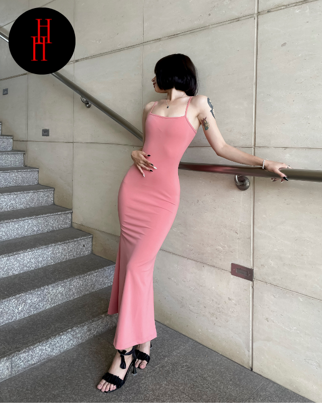Đầm ôm body hai dây đuôi cá dài màu hồng & màu nâu HDT291 Hỉn Hỉn Store