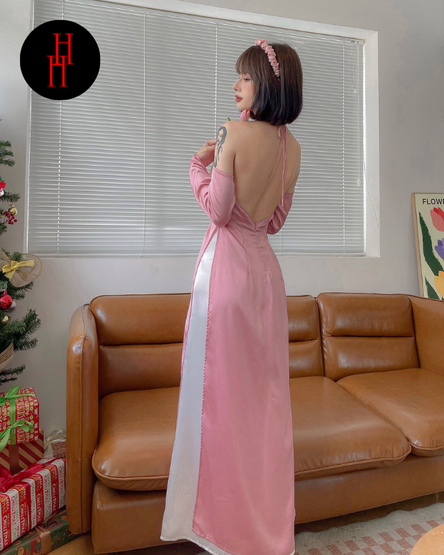 Set bộ áo dài yếm màu hồng tay dài viền lông vũ đính hạt phối quần tây lai trắng HS142 Hỉn Hỉn Store