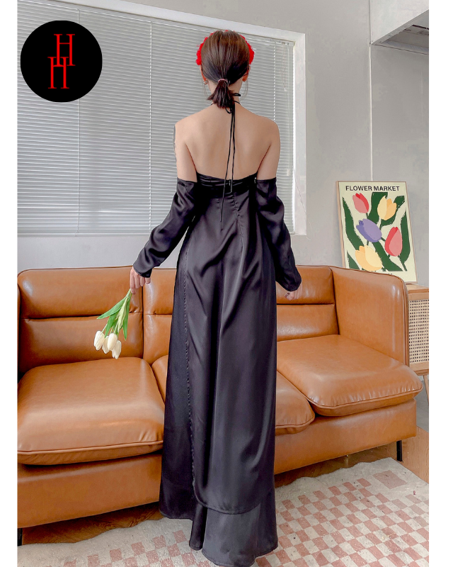 Set bộ áo dài yếm màu đen tay dài viền lông vũ đính hạt phối quần tây lai đen HS143 Hỉn Hỉn Store
