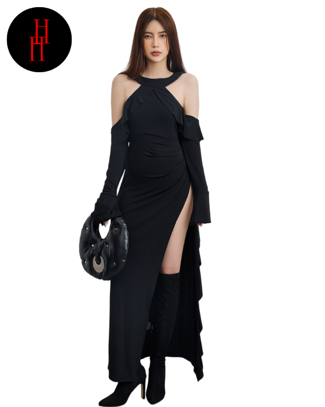 Đầm HDC116 ôm dáng xẻ cao tay dài màu đen Hỉn Hỉn Store