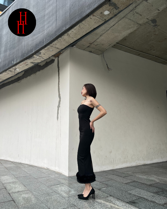 Đầm ôm dài xẻ tà viền lông màu đen HDT305 Hỉn Hỉn Store