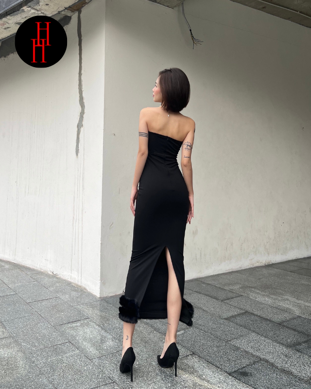 Đầm ôm dài xẻ tà viền lông màu đen HDT305 Hỉn Hỉn Store