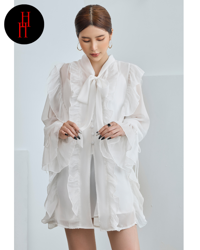 Đầm HDT319 babydoll viền bèo tay dài màu đen - trắng Hỉn Hỉn Store