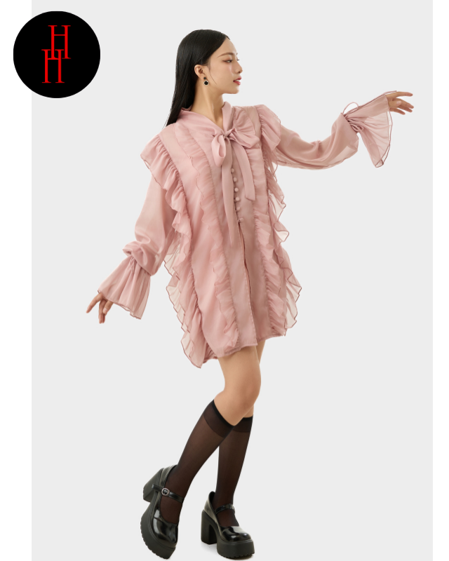 Đầm HDT324 babydoll viền bèo tay dài màu hồng Hỉn Hỉn Store