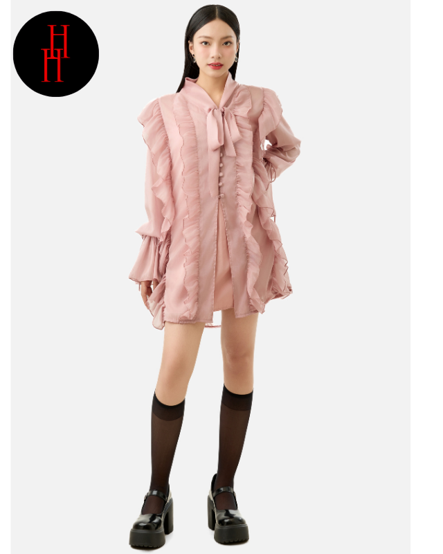 Đầm HDT324 babydoll viền bèo tay dài màu hồng Hỉn Hỉn Store