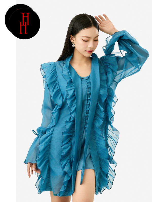 Đầm HDT325 babydoll viền bèo tay dài màu xanh cổ vịt Hỉn Hỉn Store