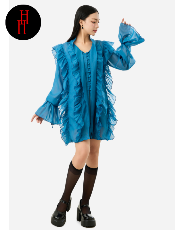 Đầm HDT325 babydoll viền bèo tay dài màu xanh cổ vịt Hỉn Hỉn Store