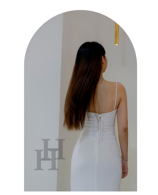 Đầm HDT333 body hai dây màu trắng dài qua gối Hỉn Hỉn Store