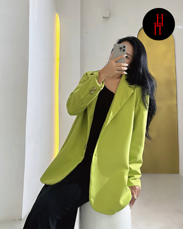 HAK23 Hỉn Hỉn Store Áo blazer form rộng khoác ngoài màu xanh bơ dành cho nữ