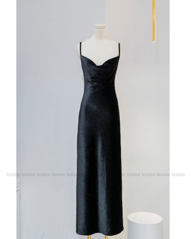 Đầm cổ đổ HDT336 hở lưng dài màu đen - xanh Hỉn Hỉn Store
