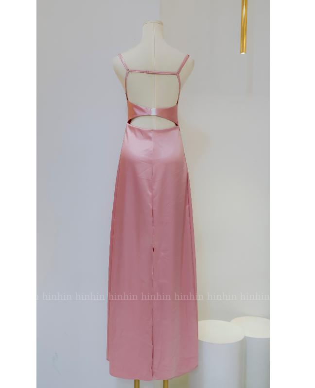Đầm HDT337 lụa hai dây hở lưng dài maxi màu hồng Hỉn Hỉn Store