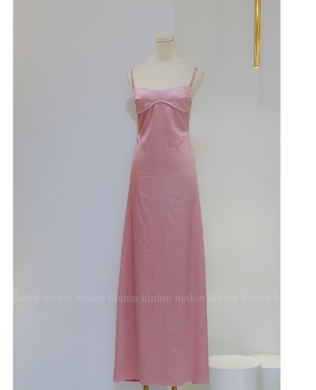Đầm HDT337 lụa hai dây hở lưng dài maxi màu hồng Hỉn Hỉn Store