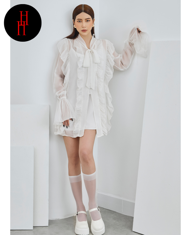 HDT343 Hỉn Hỉn Store Đầm babydoll suông rộng viền bèo tay dài màu hồng - xanh đen - trắng - đen