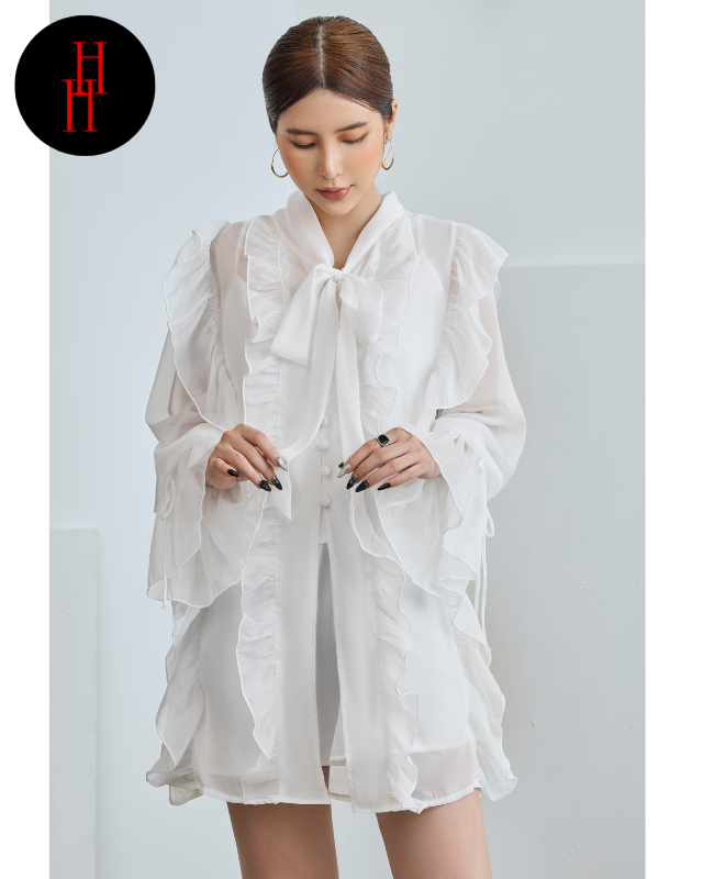 HDT343 Hỉn Hỉn Store Đầm babydoll suông rộng viền bèo tay dài màu hồng - xanh đen - trắng - đen