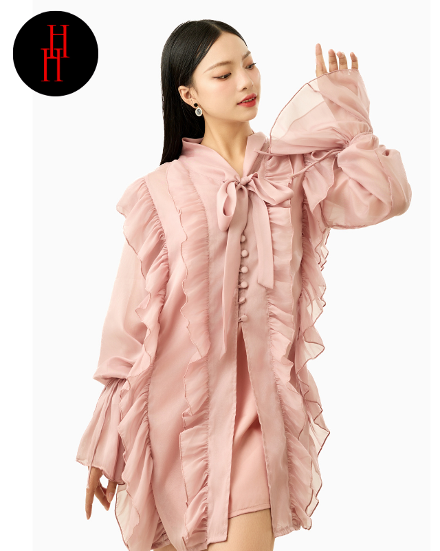 HDT343 Hỉn Hỉn Store Đầm babydoll suông rộng viền bèo tay dài màu hồng - xanh đen - trắng - đen