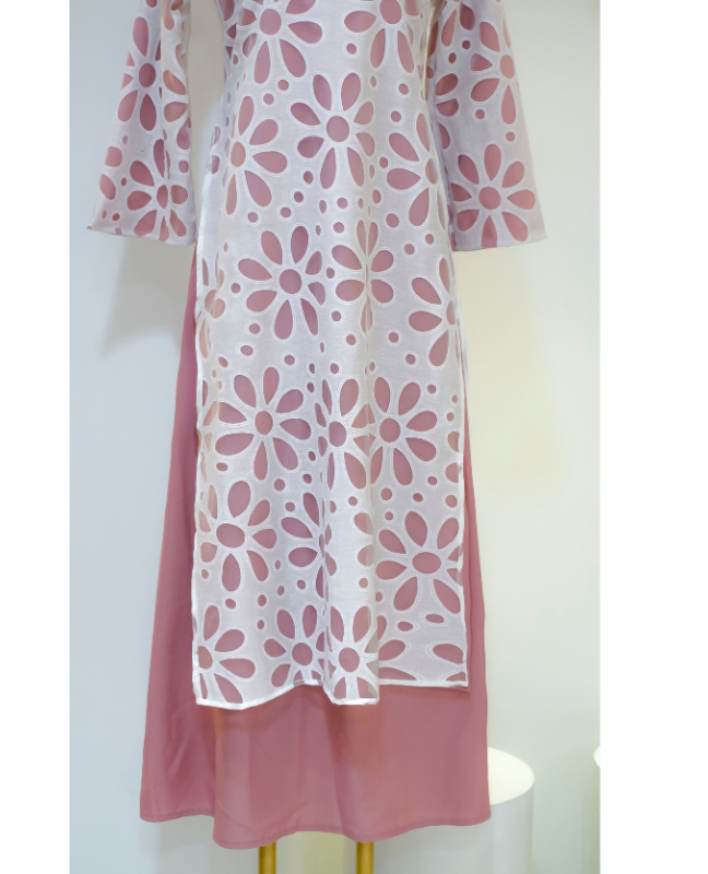 Set bộ áo dài hoa tay dài HS164 màu hồng Hỉn Hỉn Store