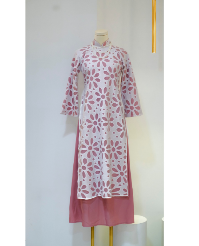 Set bộ áo dài hoa tay dài HS164 màu hồng Hỉn Hỉn Store