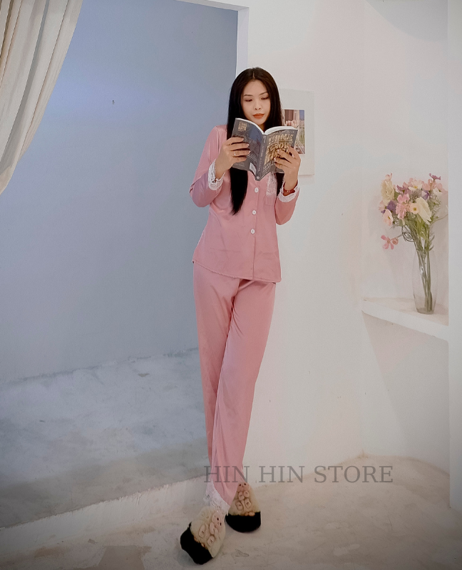Bộ byjama màu hồng HS166 đồ ngủ lụa viền ren Hỉn Hỉn Store