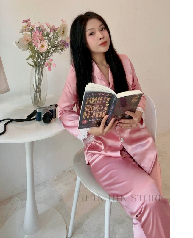 Bộ byjama màu hồng HS166 đồ ngủ lụa viền ren Hỉn Hỉn Store